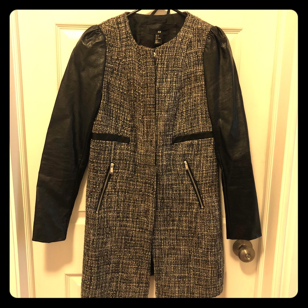 Tweed and faux leather coat